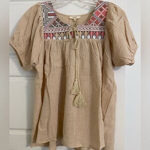 NWT Easel Embroidered Peasant Top with Tassel Tie